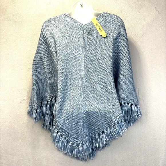 NWT Fieldgear Poncho Sweater Womens One Size Blue Fringe VNeck Holiday Cozy Knit - Picture 2 of 12